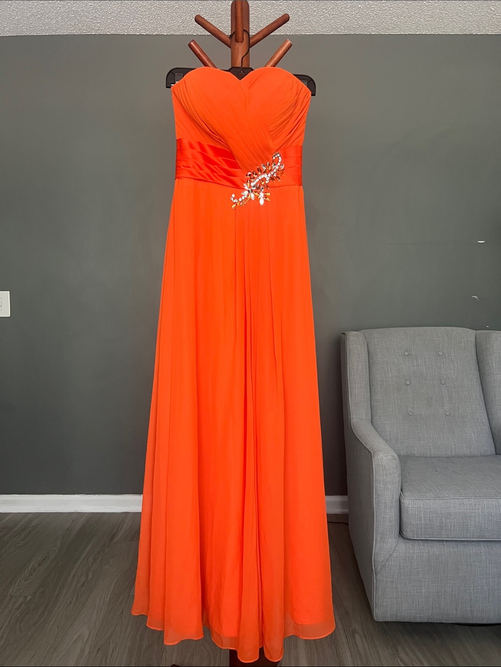 Strapless Orange Evening Gown with Embellished Waistband